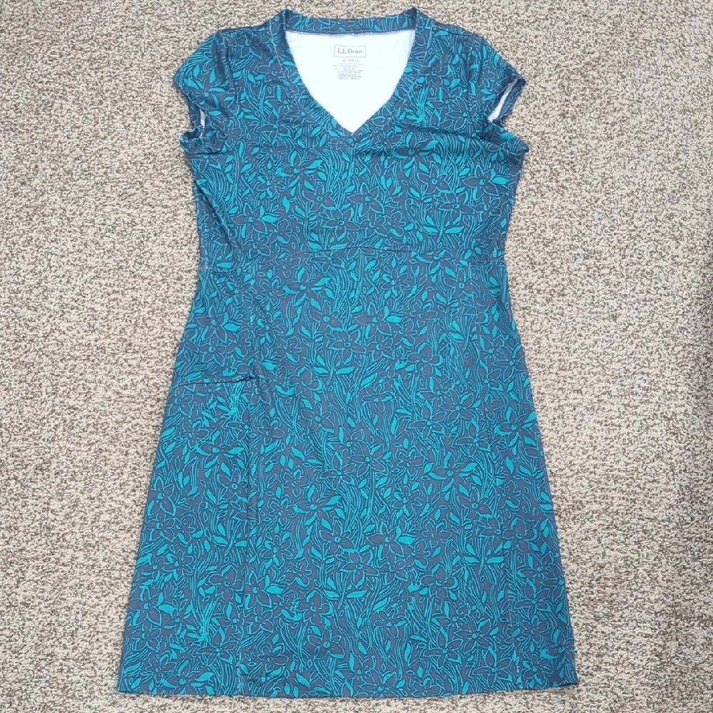 LL Bean Stretchy Short Sleeve Floral Dress Teal And Charcoal Size Small